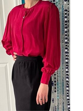 Vintage ‘80s Red silk blouse/ long bouffant sleeves / unused but has minor flaws
